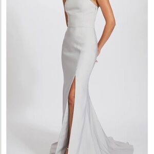 Amsale graphite one shoulder long dress with slit